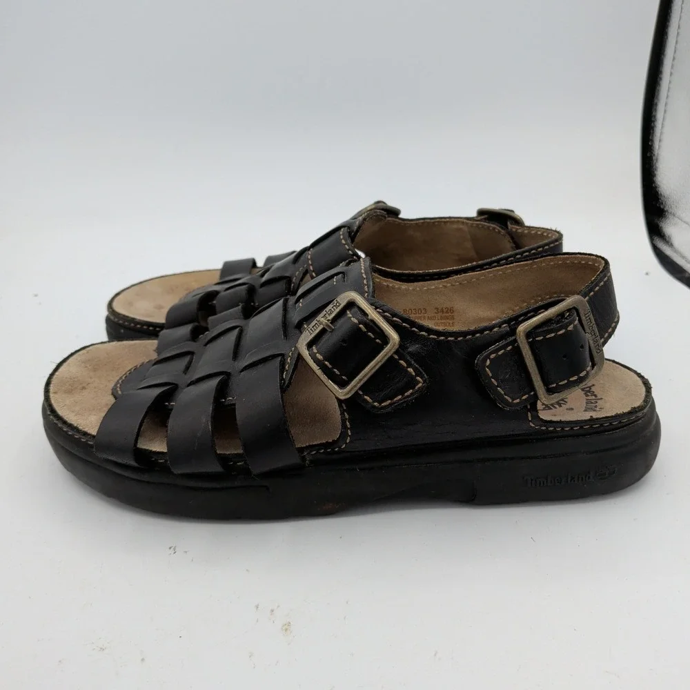 Timberland Mens 80303 Black Leather Fisherman Sandals Size 9.5M Buckle Straps